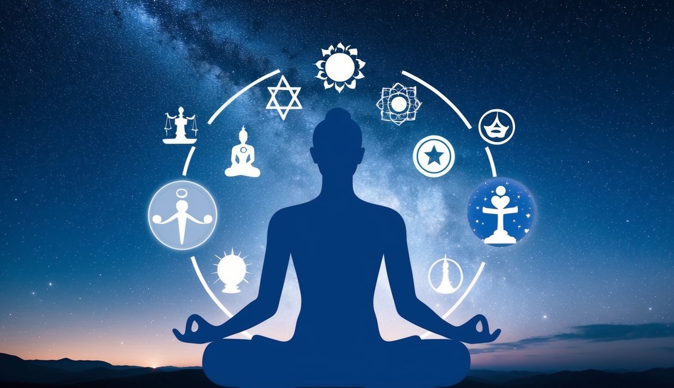 A serene figure meditates under a starry sky, surrounded by symbols of spirituality and guidance