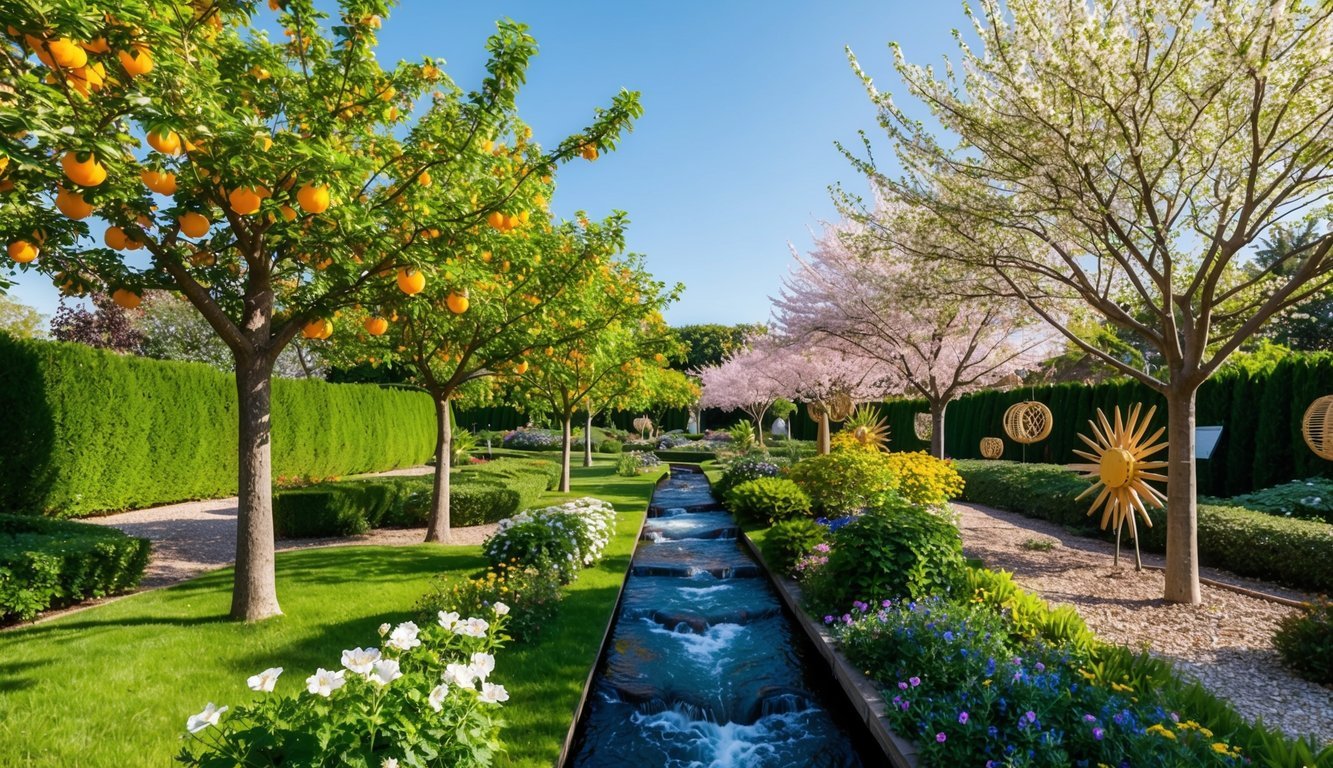 A lush garden with blooming flowers and fruitful trees under a clear sky, with a stream flowing through, surrounded by symbols of prosperity and achievement