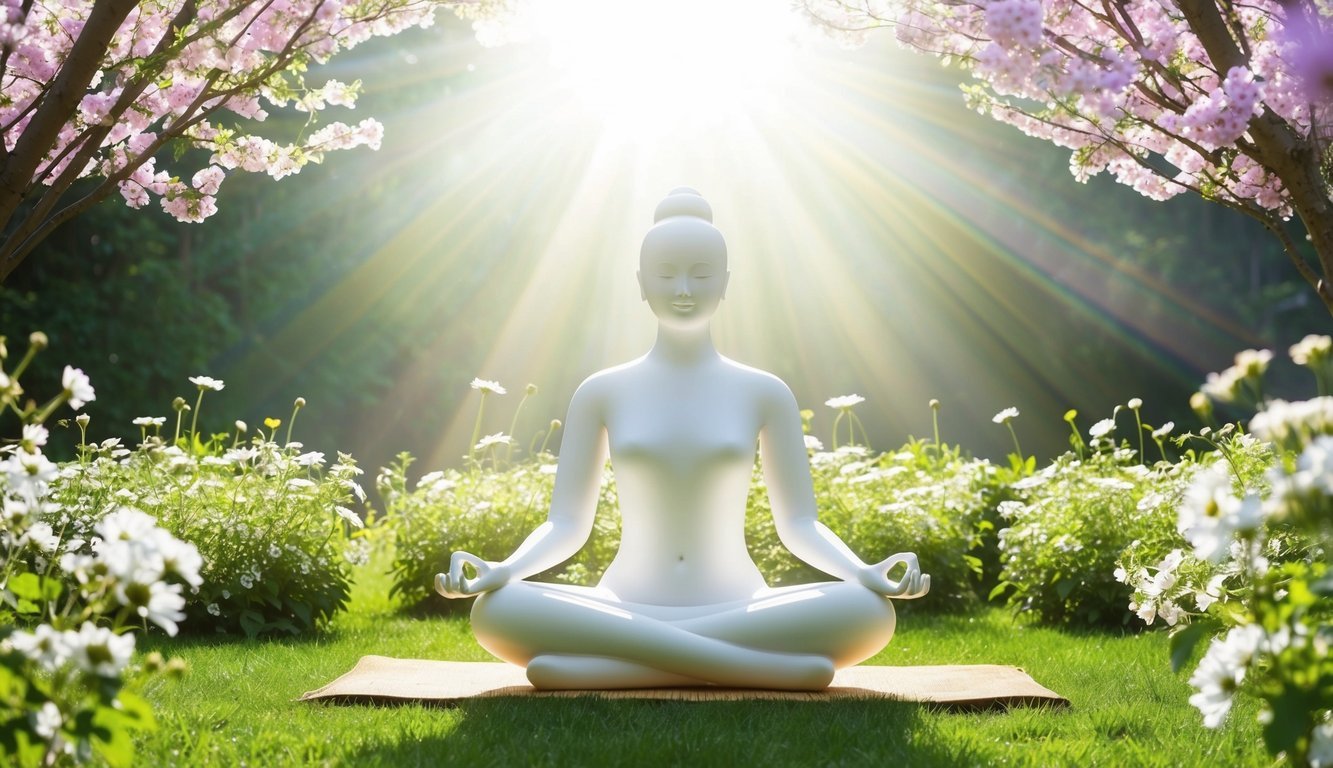 A serene figure meditates in a sunlit garden, surrounded by blooming flowers and a gentle breeze, as rays of light shine down from the heavens