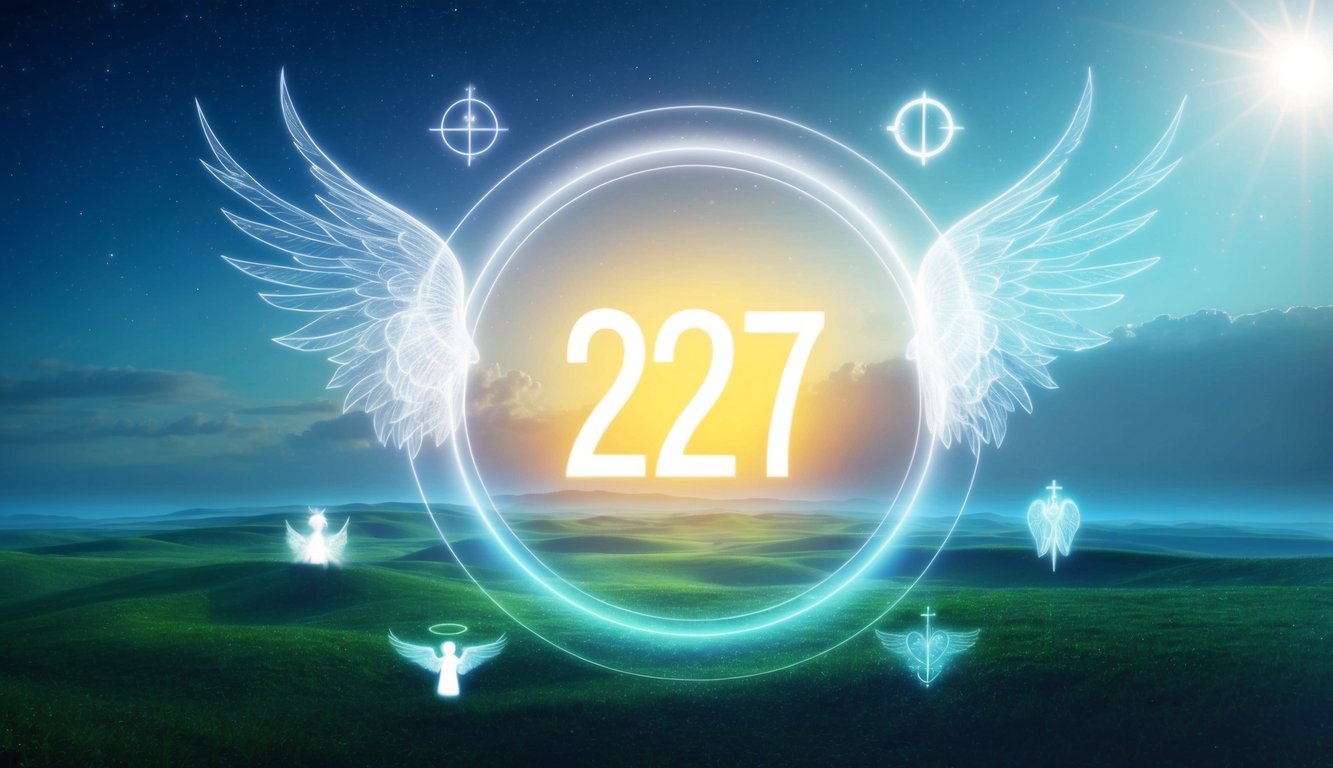 A serene, celestial landscape with a glowing number 227 surrounded by angelic symbols and spiritual imagery