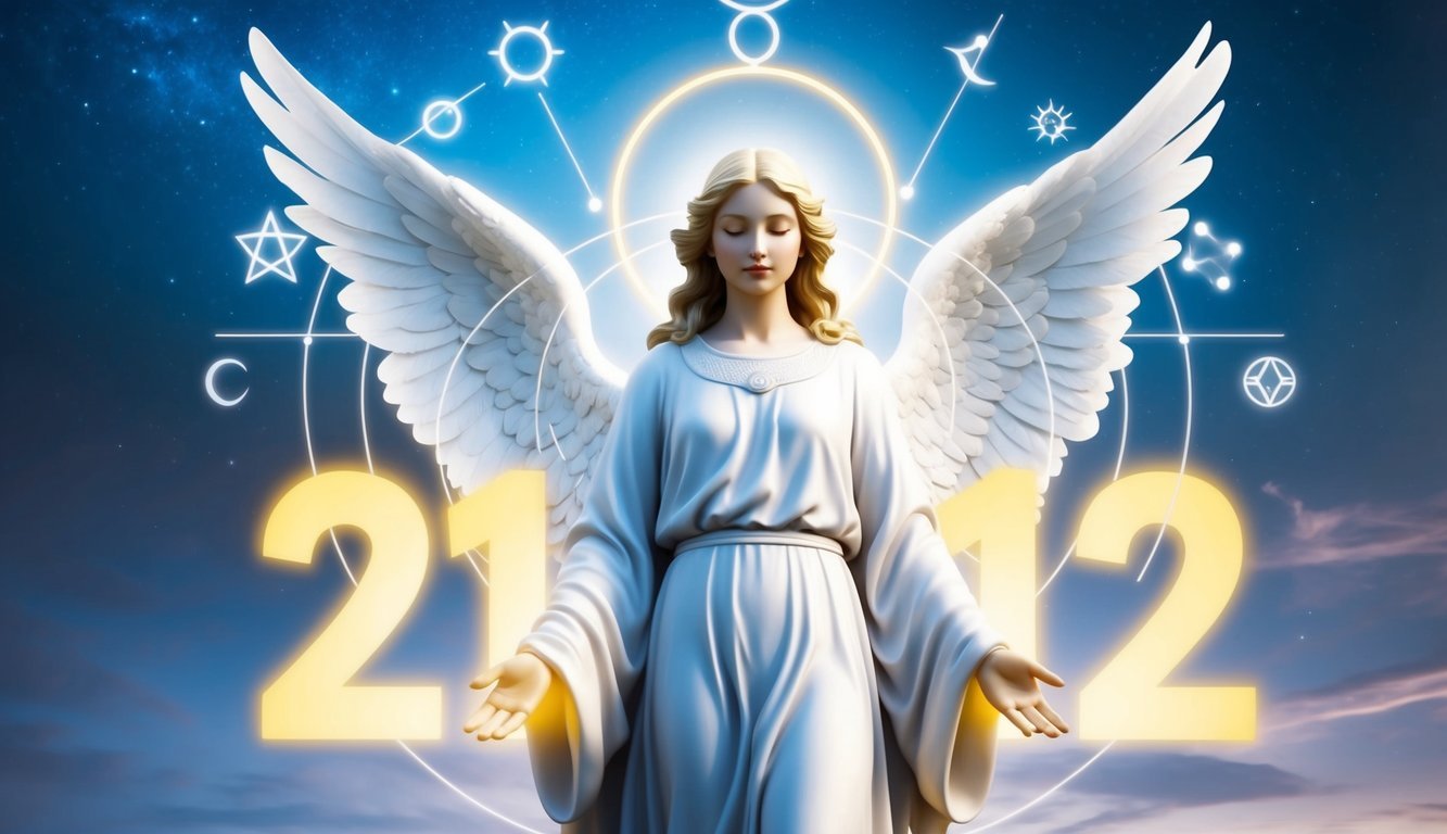 A serene angelic figure surrounded by celestial symbols and a glowing number "212"