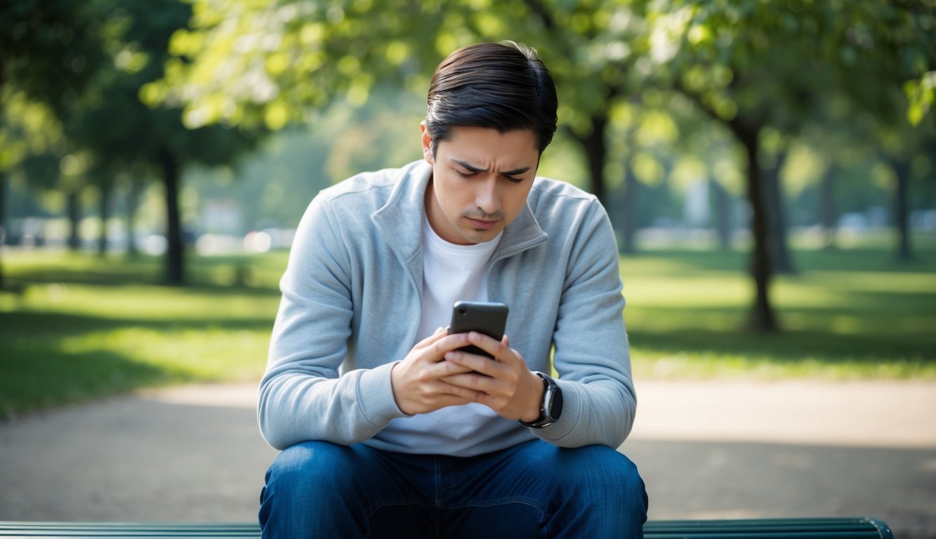 A person sitting alone on a park bench, staring at their phone with a look of anxiety and dependency.</p><p>The surroundings are serene, but the person appears disconnected and distressed