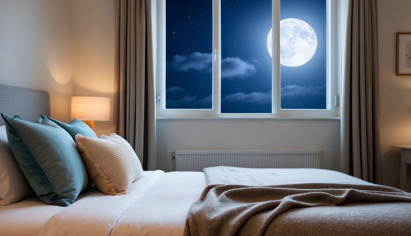 A peaceful bedroom with a cozy bed, soft pillows, and a warm blanket.</p><p>Moonlight filters through the window, casting a gentle glow on the room