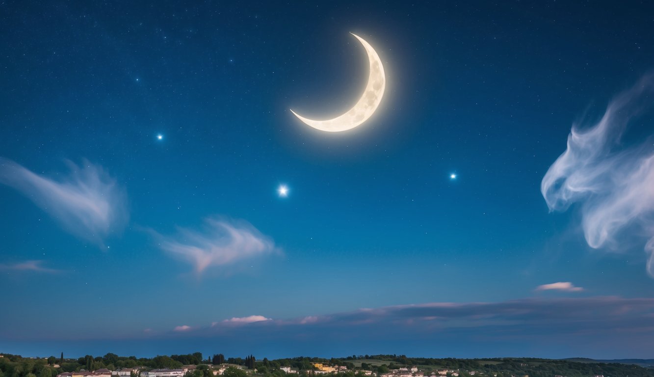 A peaceful night sky with stars and a crescent moon shining over a sleeping town, with wisps of dream-like clouds floating in the air