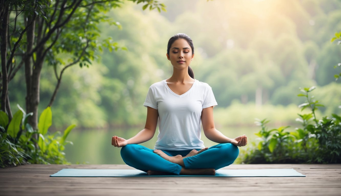 A serene, tranquil setting with a person sitting cross-legged, surrounded by nature and meditating peacefully