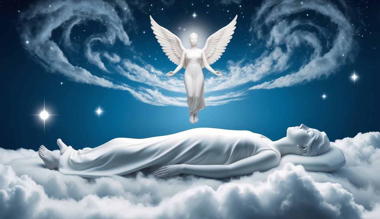 A serene figure floats above a sleeping figure, surrounded by swirling clouds and stars, representing the subconscious mind and the mysteries of dream analysis and theories