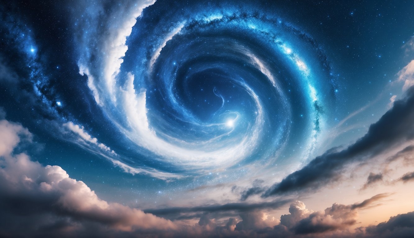 A swirling galaxy of stars and clouds, merging and morphing into various dream-like shapes and patterns