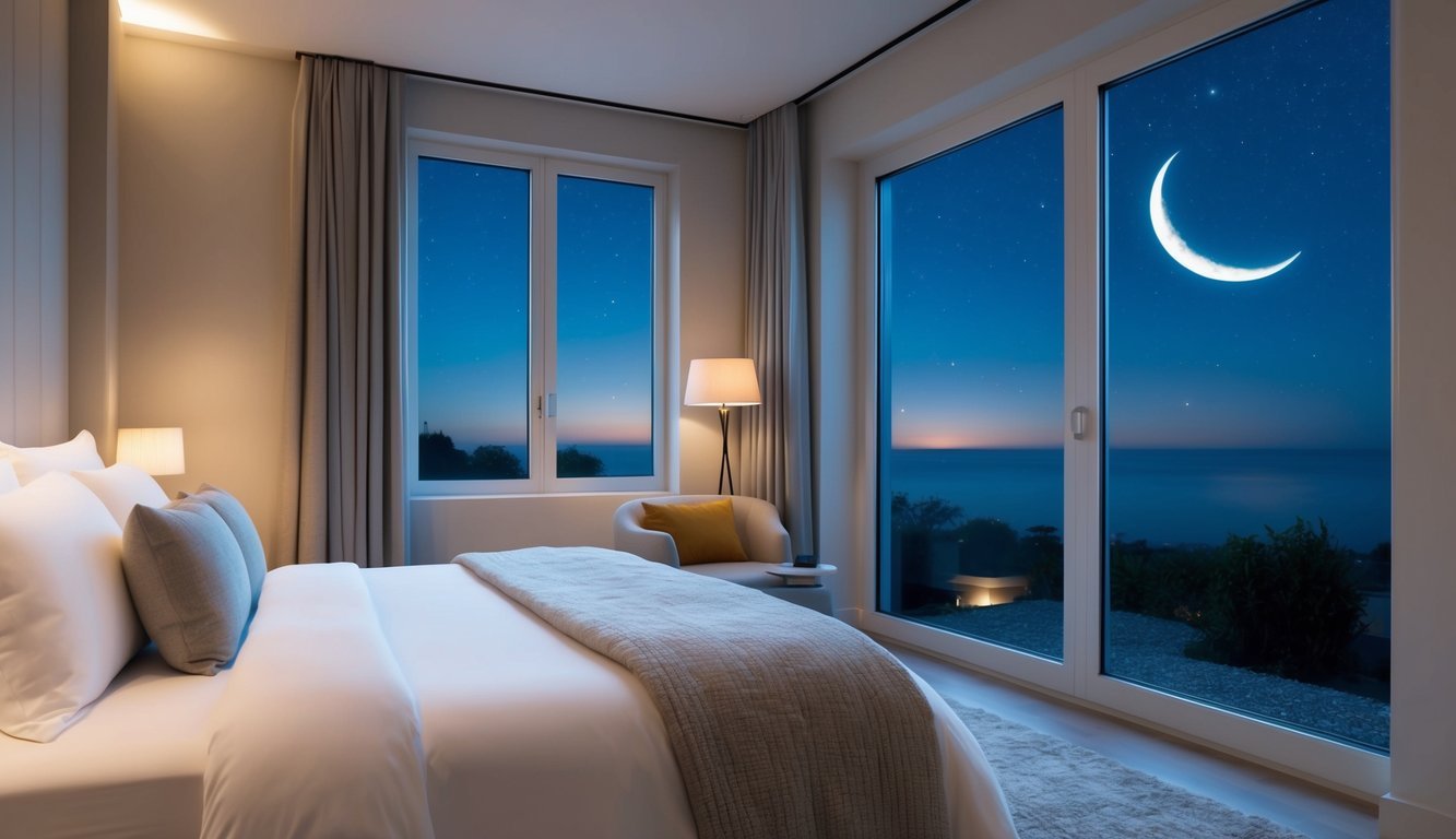 A serene bedroom with a cozy bed, soft lighting, and a window overlooking a tranquil night sky with stars and a crescent moon