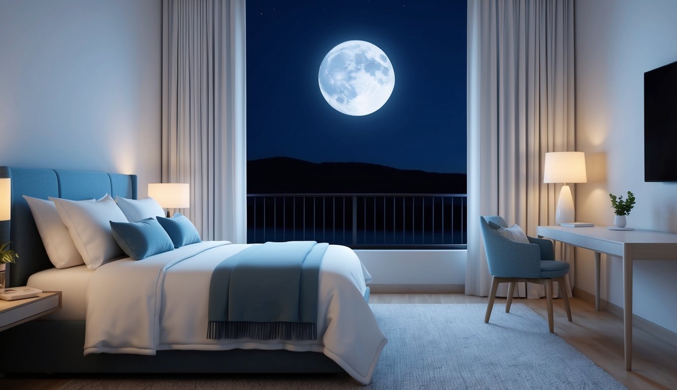 A peaceful bedroom at night, with a cozy bed and a serene atmosphere.</p><p>The moonlight softly illuminates the room, creating a tranquil setting for rest and dreams