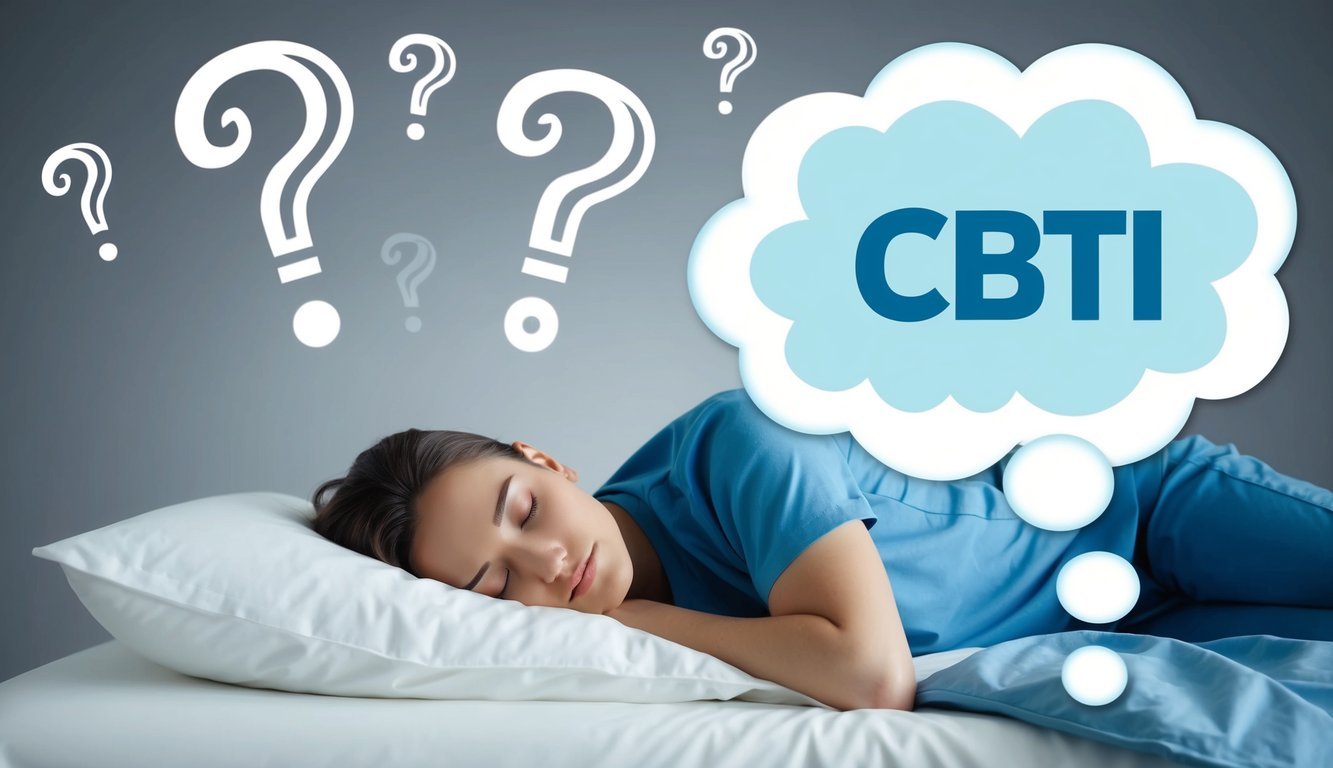 A person lying in bed with eyes closed, surrounded by a cloud of question marks and a thought bubble with the letters "CBTI" inside