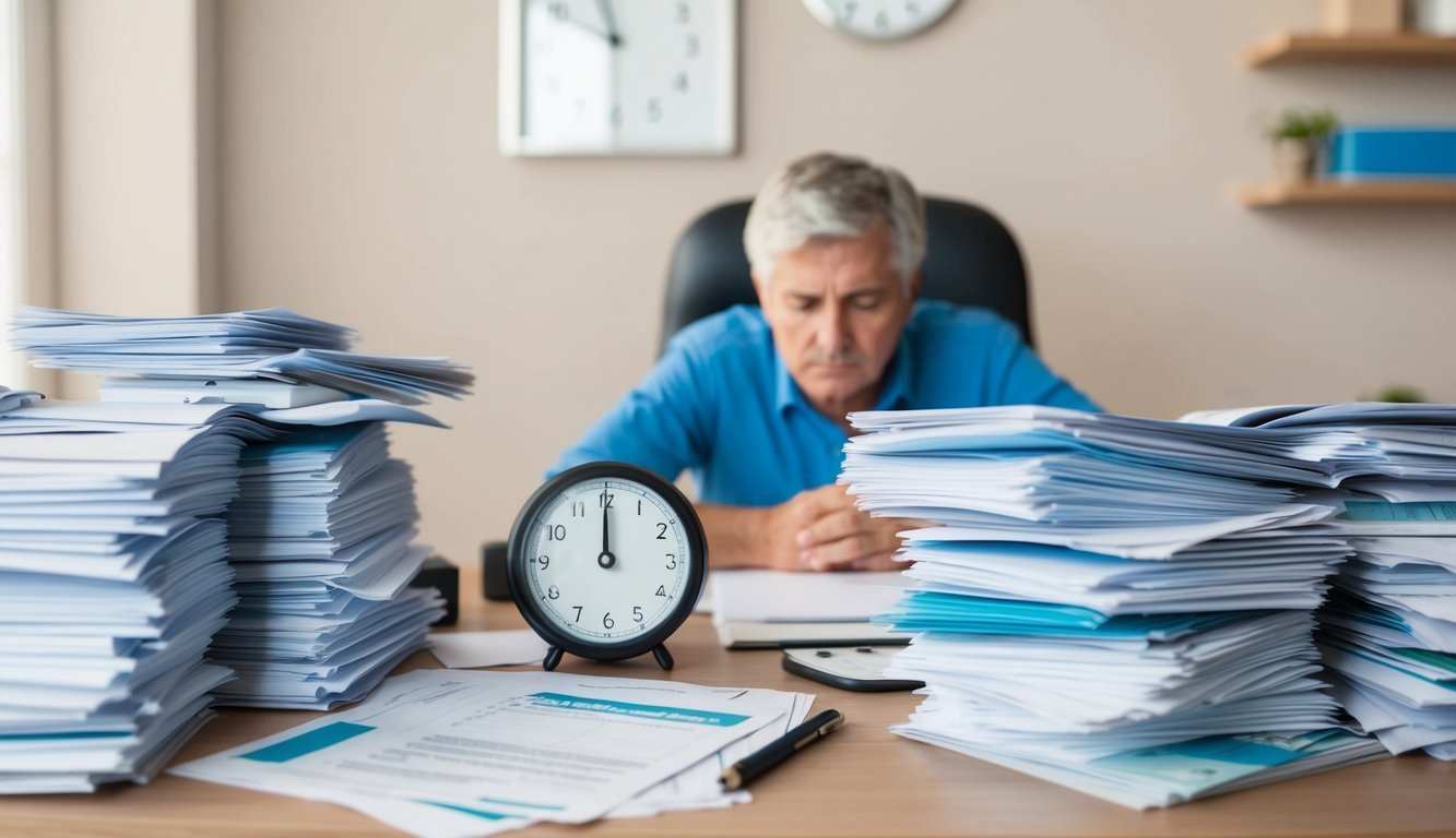 A cluttered desk with a stack of loan applications, a clock showing midday, and a tired-looking person sitting behind the desk