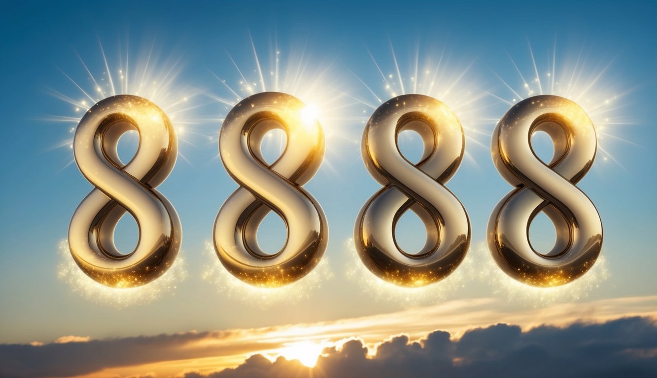 A series of four number 8s floating in the sky, surrounded by glowing light and radiating a sense of abundance and prosperity