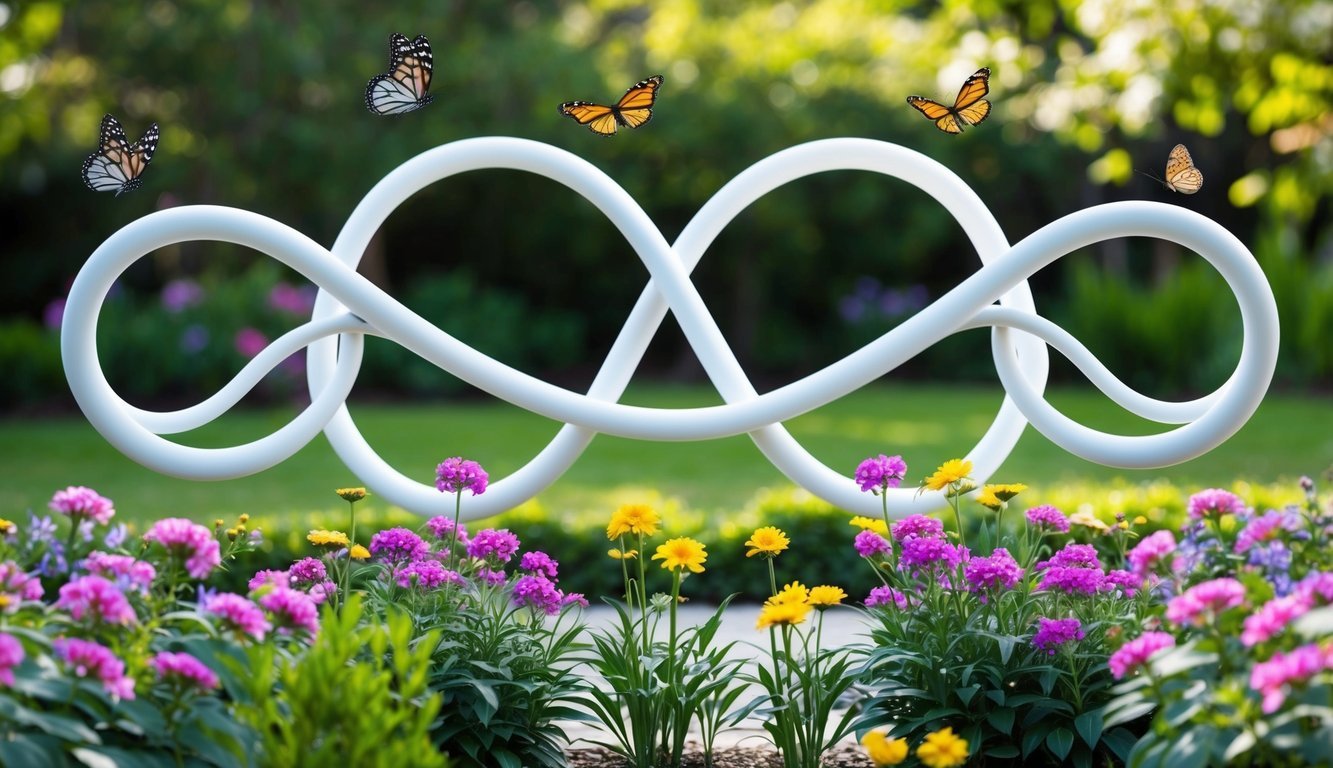 A serene garden with four intertwining infinity symbols, each formed by a continuous loop, surrounded by blooming flowers and butterflies