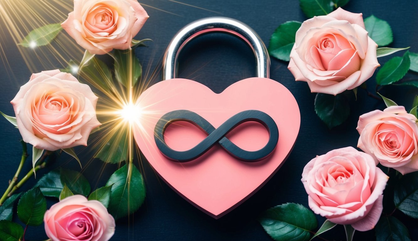 A heart-shaped lock with four intertwined infinity symbols, surrounded by blooming roses and radiant light