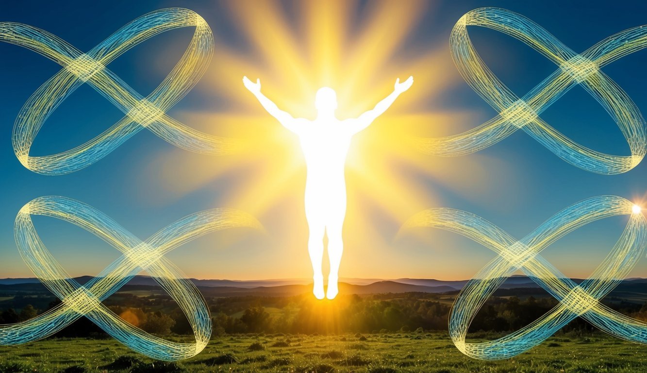 A bright, celestial figure hovers above a landscape, surrounded by four sets of intertwined infinity symbols, radiating a sense of abundance and infinite possibilities