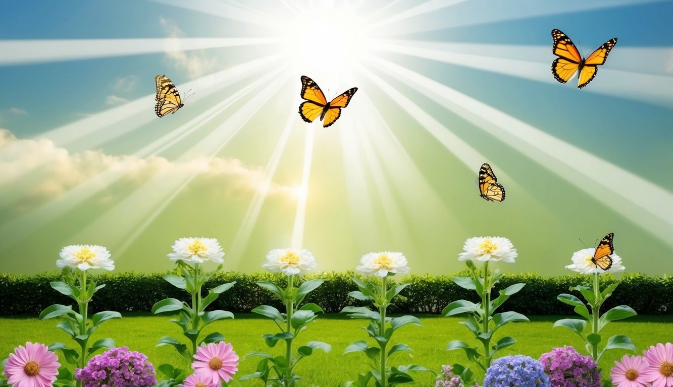 A serene garden with eight blooming flowers, eight butterflies, and eight rays of sunlight shining down from the sky