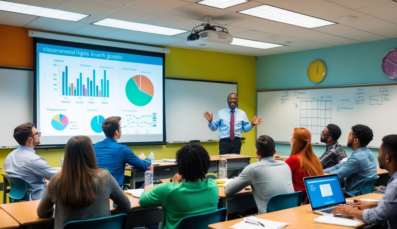 A colorful classroom with a projector displaying graphs and charts, students engaged in discussions, and a professor lecturing enthusiastically