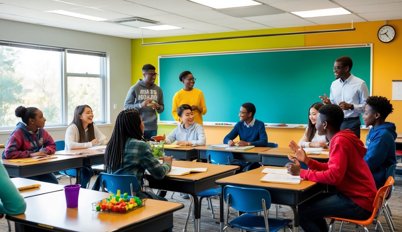 A colorful classroom with diverse students engaged in discussions and activities related to science and well-being