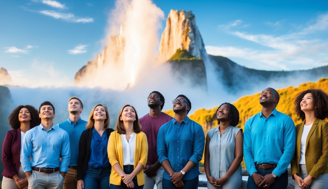 A group of diverse individuals standing in front of a breathtaking natural wonder, gazing up in awe