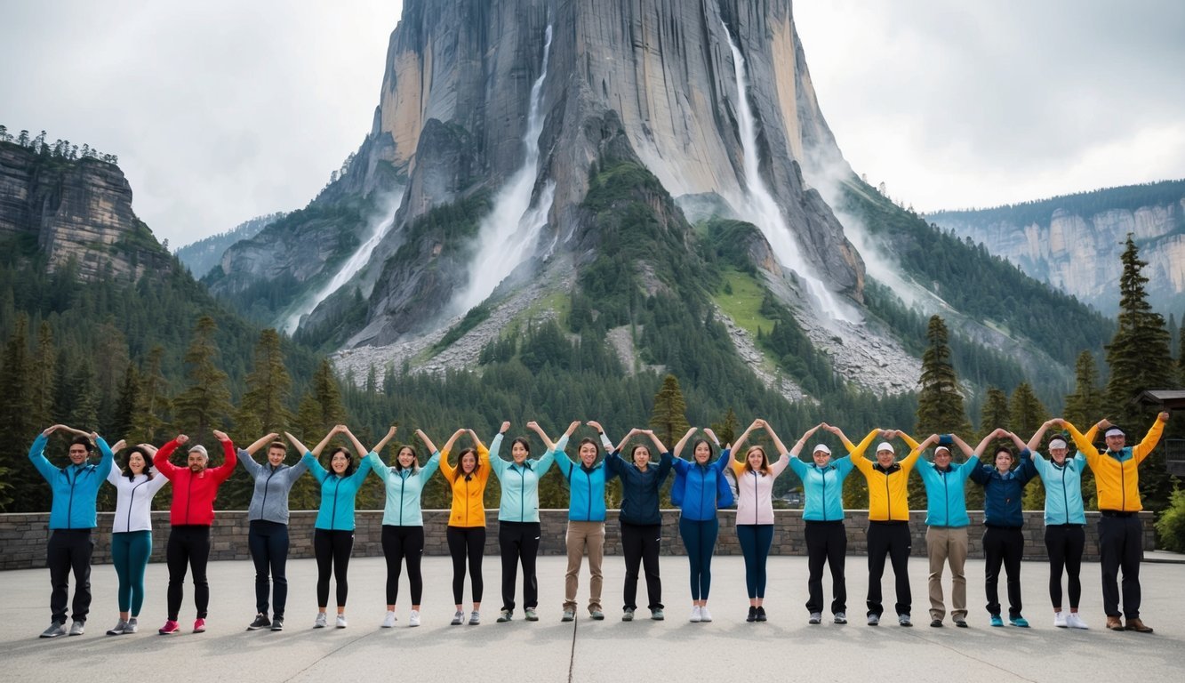 A group of individuals standing in front of a towering, awe-inspiring natural wonder, all mirroring each other's posture and expressions