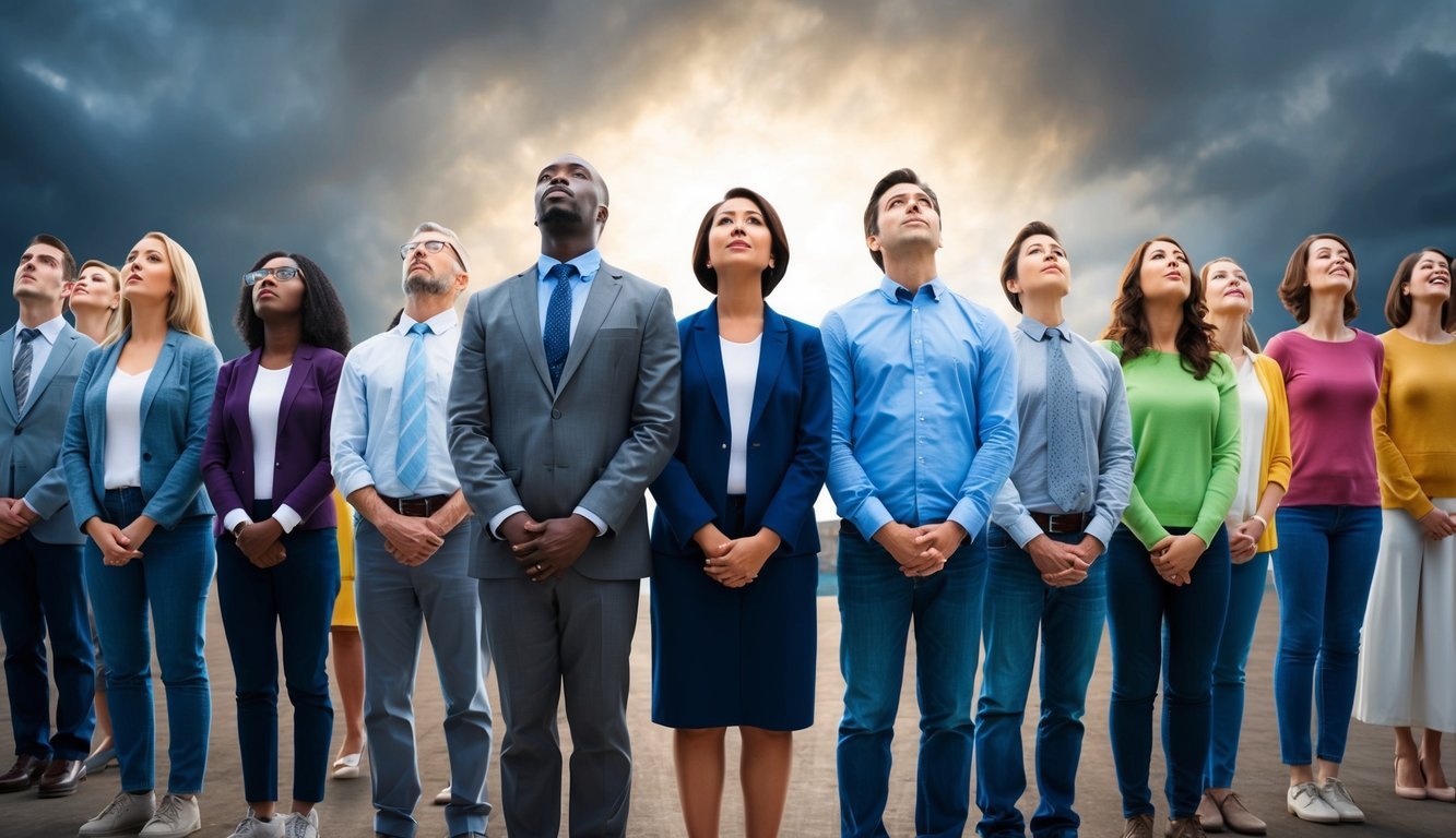 A group of diverse figures standing in awe, mirroring each other's body language and expressions, surrounded by a sense of grandeur and wonder