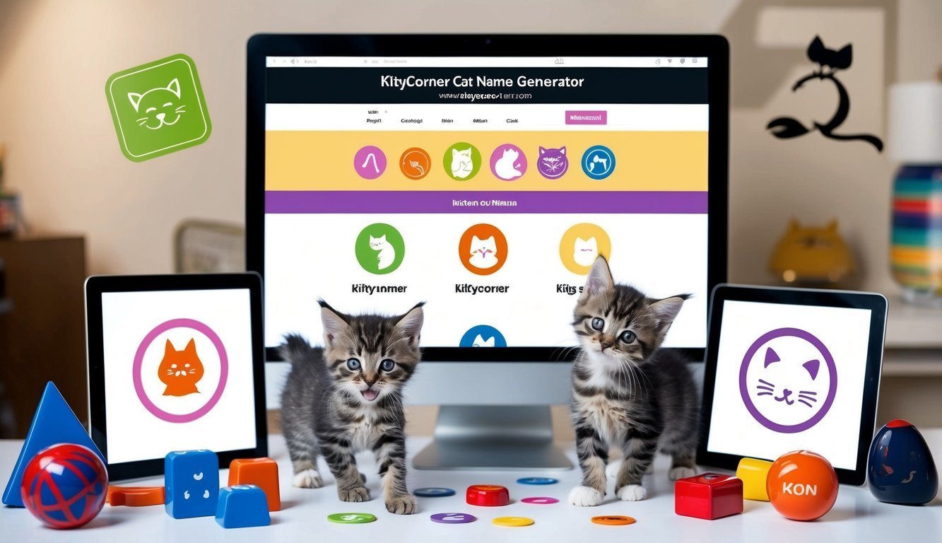 A playful kitten surrounded by a variety of objects and symbols representing different cat names, with a computer screen displaying the "kittycorner cat name generator" website in the background