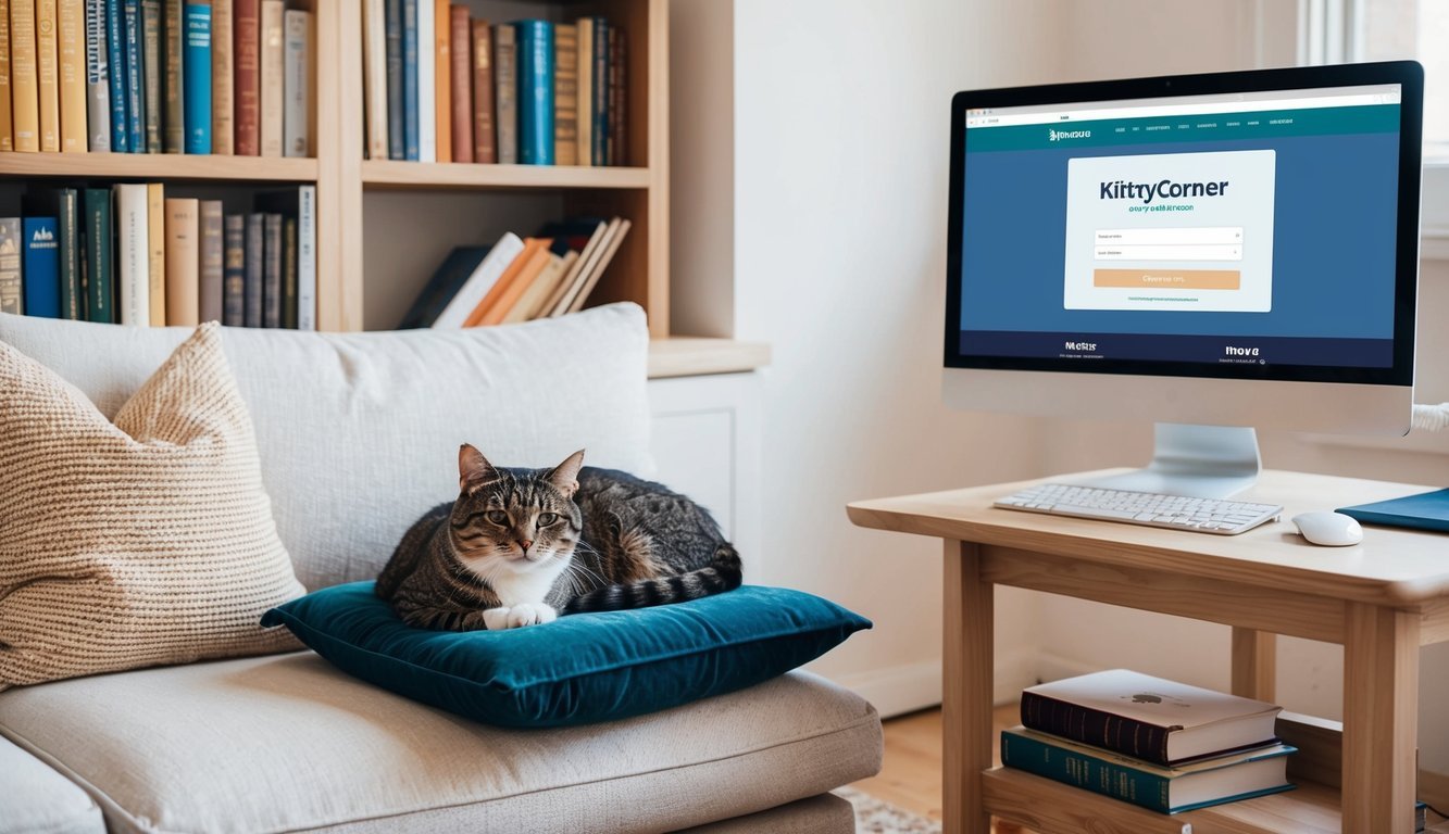 A cozy living room with a cat curled up on a cushion, surrounded by shelves of books and a computer open to the kittycorner cat name generator website