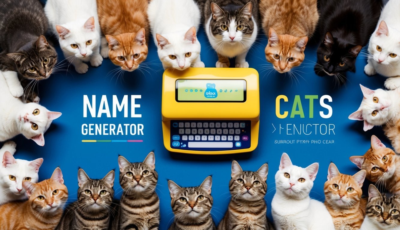 A colorful array of cats surrounded by a name generator machine