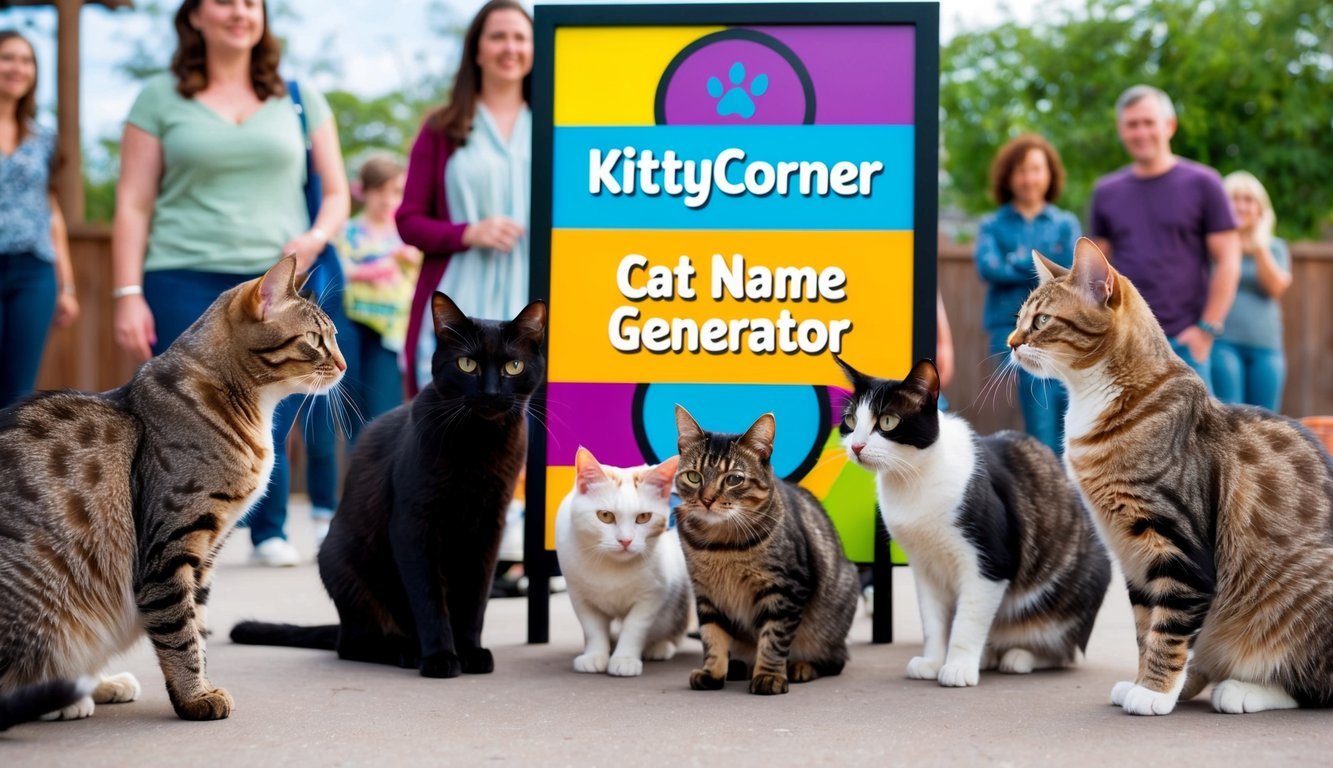 A group of cats surround a colorful sign with the words "Kittycorner Cat Name Generator" while curious onlookers watch from a distance