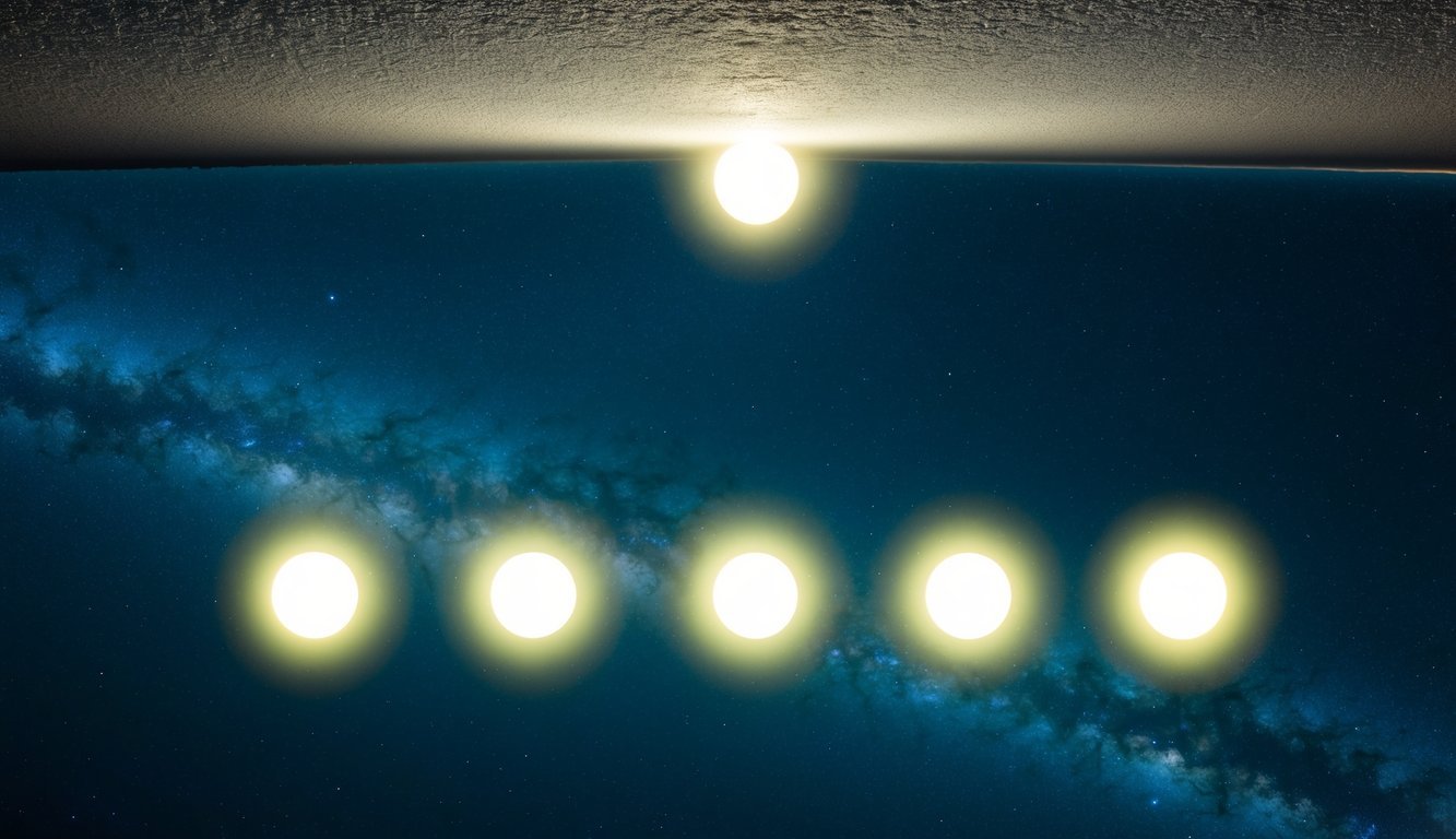 Five glowing orbs form a perfect line in the night sky, radiating a powerful and mystical energy