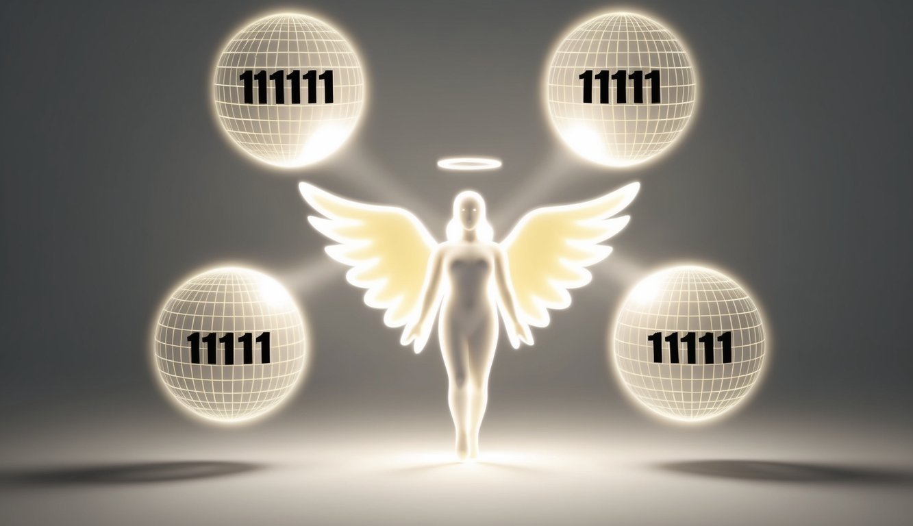 A glowing angelic figure surrounded by five radiant orbs, each displaying the number 11111