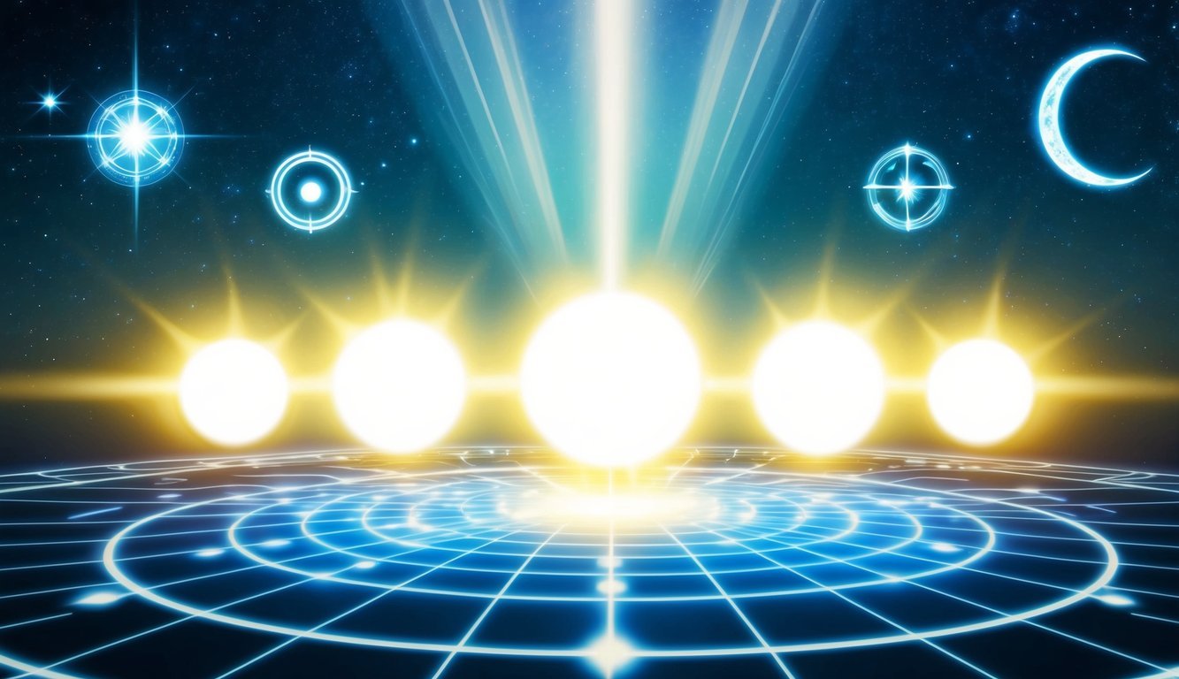 Five glowing orbs in a perfect line, radiating a powerful energy, surrounded by celestial symbols and light beams