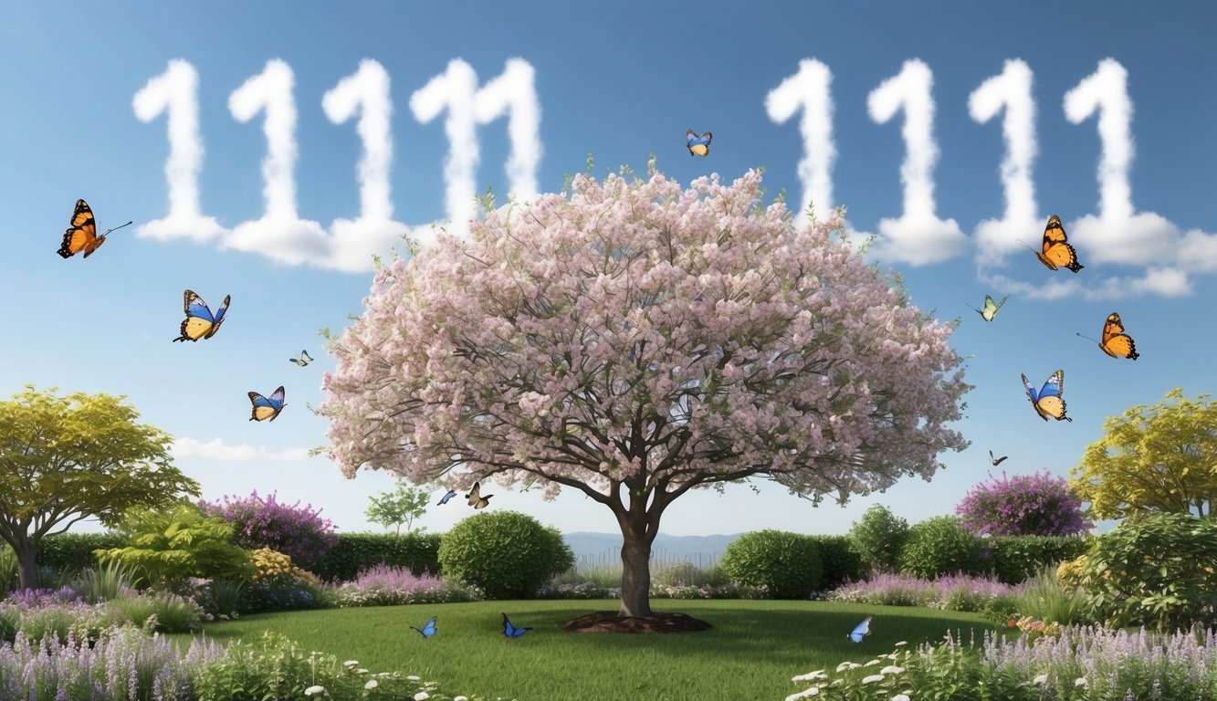 A serene garden with a blooming tree, surrounded by butterflies and hummingbirds, under a clear sky with the number 11111 subtly appearing in the clouds