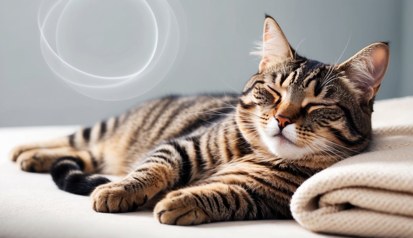 A contented cat lying on a soft blanket, eyes closed, purring softly with a gentle vibration felt in the air around it