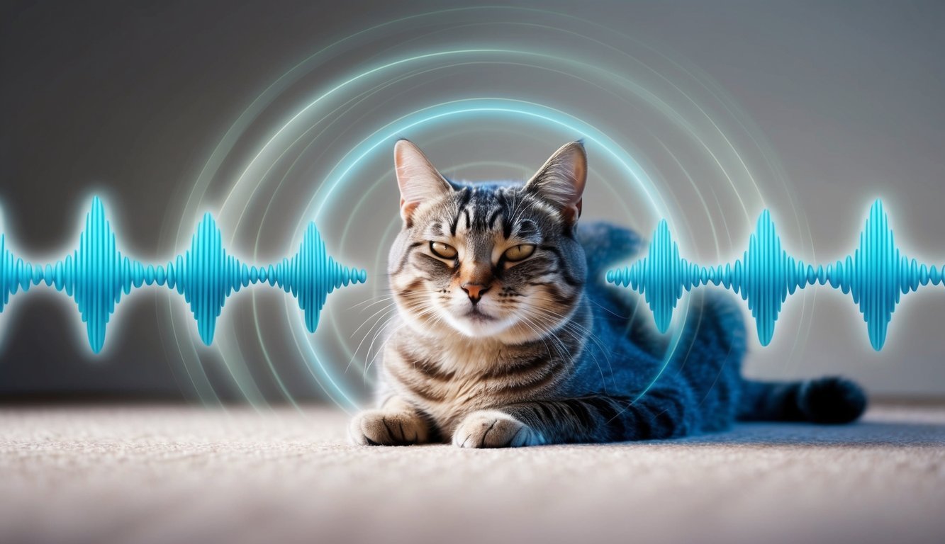 A contented cat purrs softly, surrounded by floating frequency waves that gently vibrate and radiate healing energy throughout the space