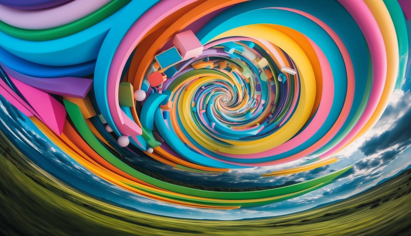 A swirling vortex of colorful shapes and objects, merging and transforming in a surreal landscape