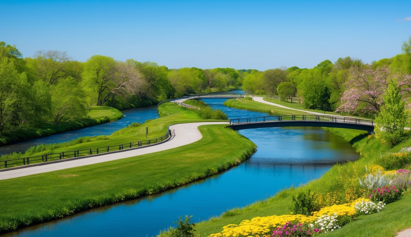 A serene landscape with a winding river, a bridge, and a clear blue sky, surrounded by lush greenery and colorful flowers