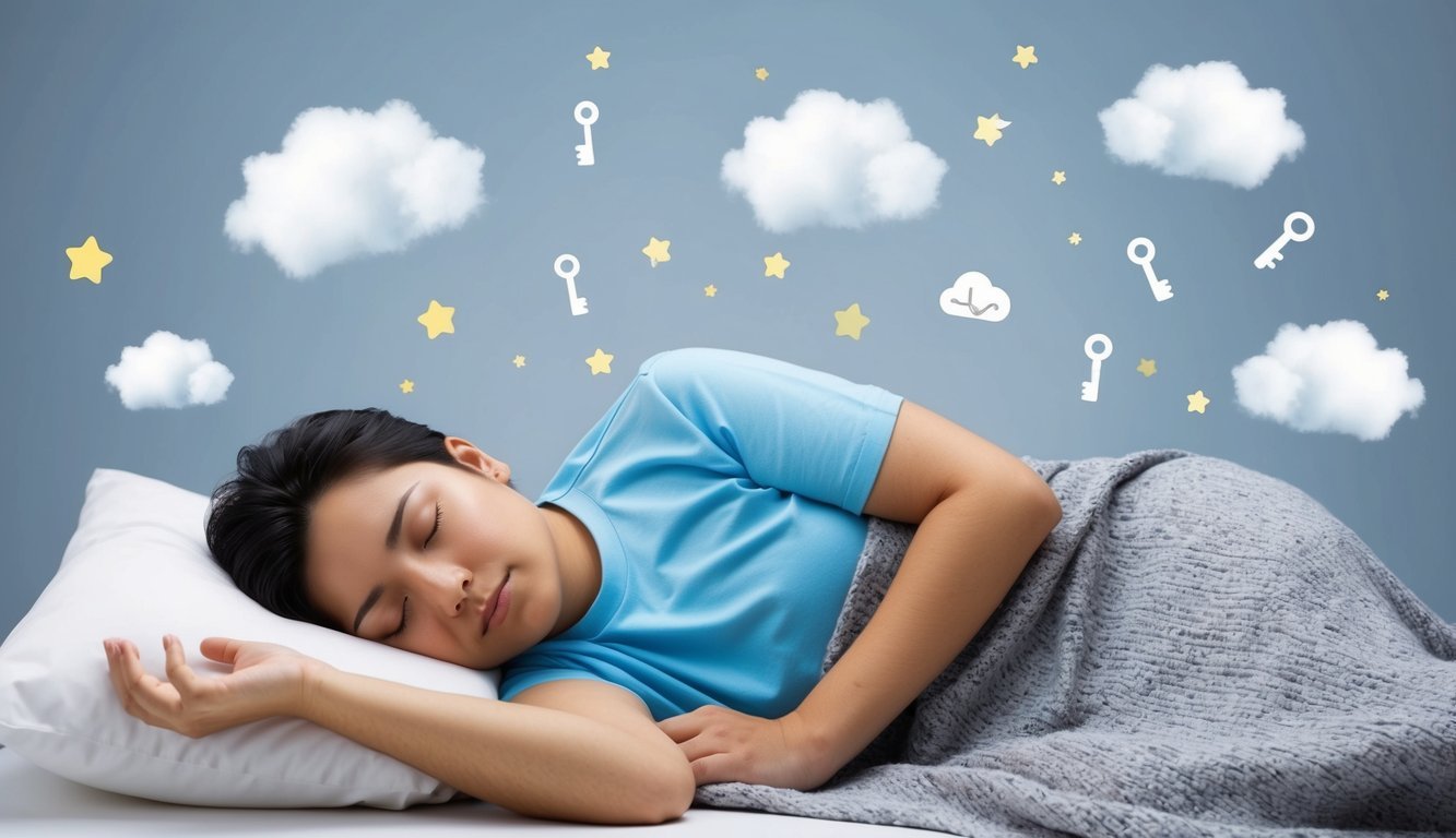 A person sleeping peacefully, surrounded by floating dream symbols like stars, clouds, and keys