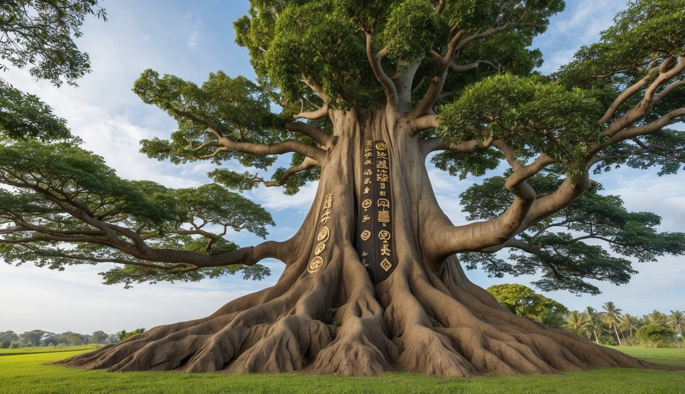 A towering tree with roots reaching deep into the earth, its branches stretching towards the sky, adorned with ancient symbols and cultural icons