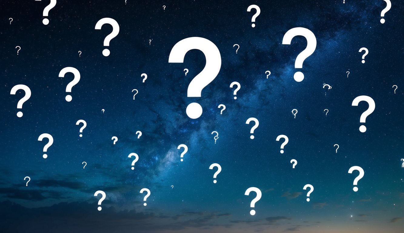 A dreamy night sky filled with floating question marks and symbols representing common dream themes