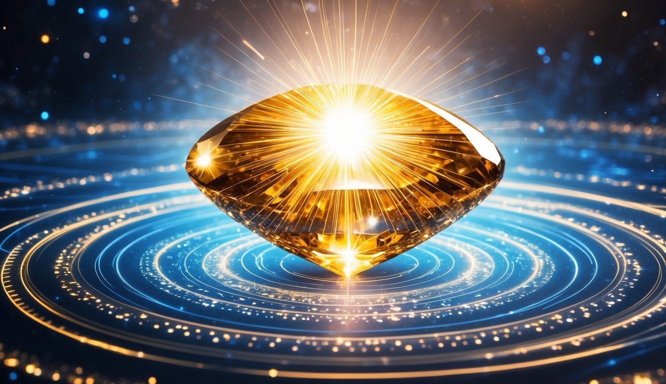 A shimmering goldstone gem radiates spiritual energy amidst swirling cosmic patterns