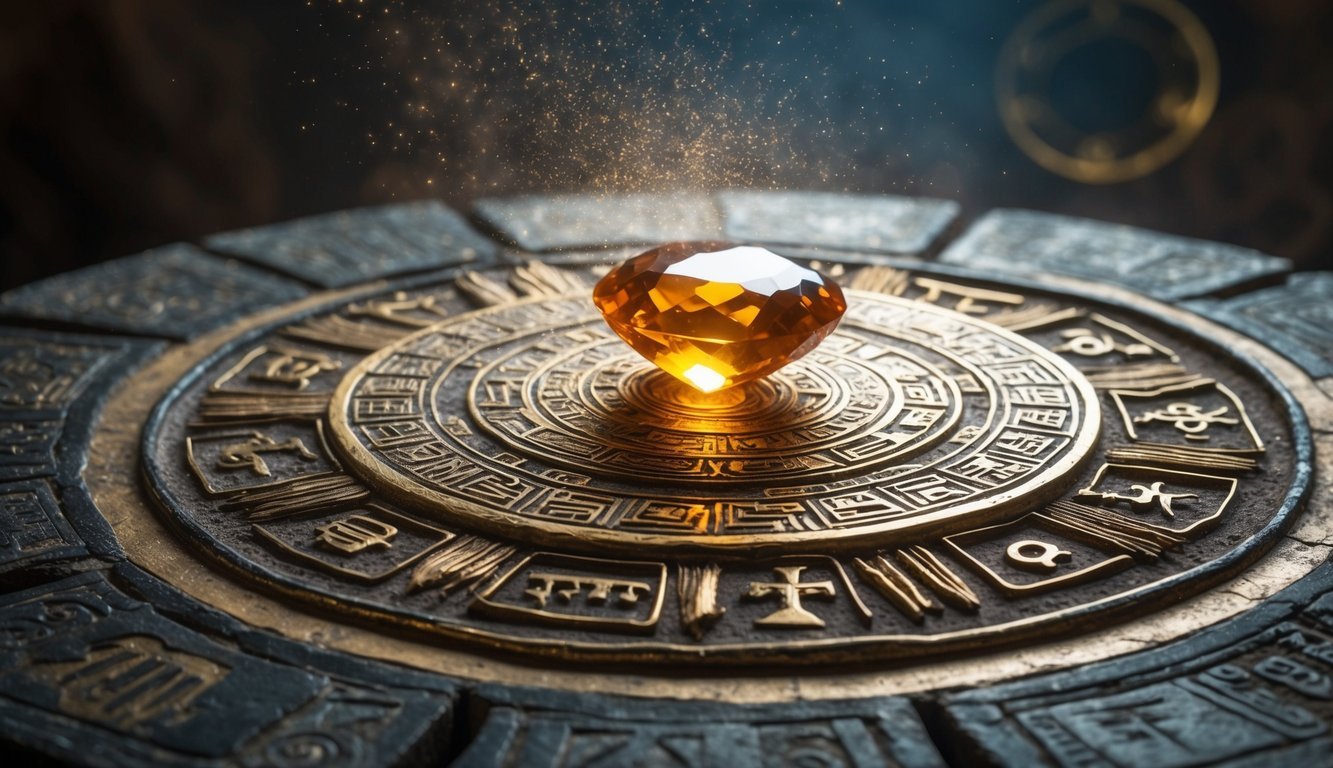 A goldstone gem rests on an ancient altar, emanating a powerful spiritual resonance, surrounded by symbols of historical significance