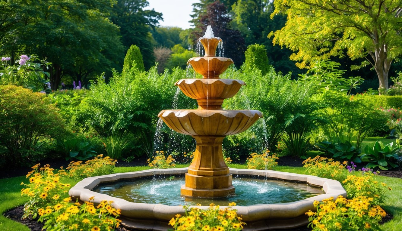 A serene garden with a goldstone fountain surrounded by lush greenery and colorful flowers, with a sense of tranquility and spiritual energy emanating from the gem