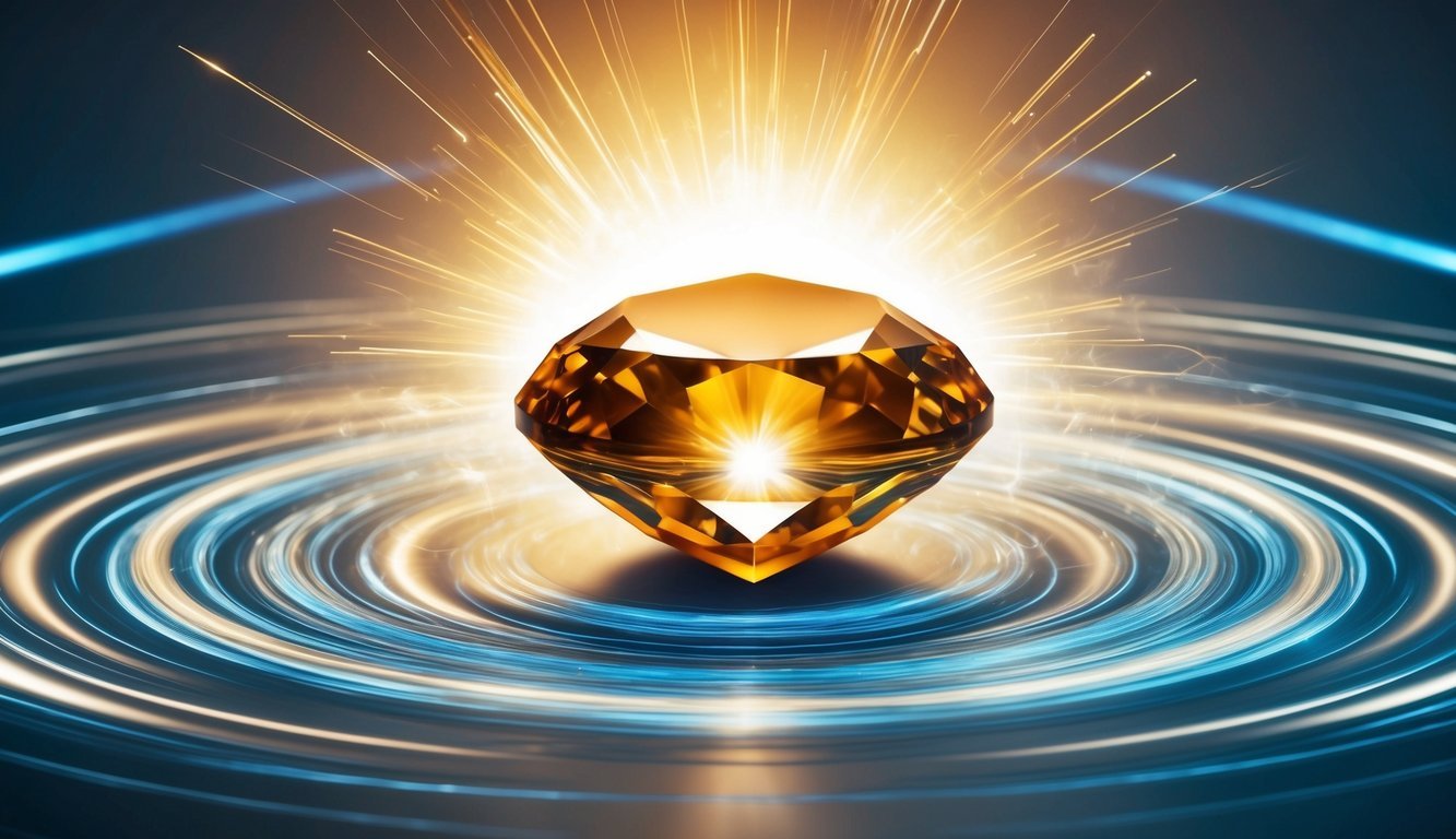 A goldstone gem radiates spiritual resonance, surrounded by swirling energy and light