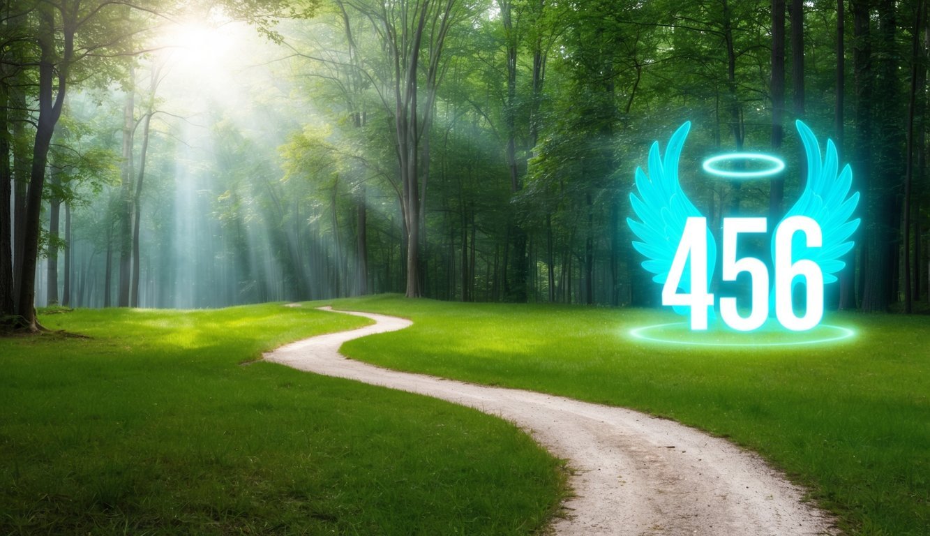 A serene forest clearing with a winding path leading to a glowing 456 angel number surrounded by ethereal light