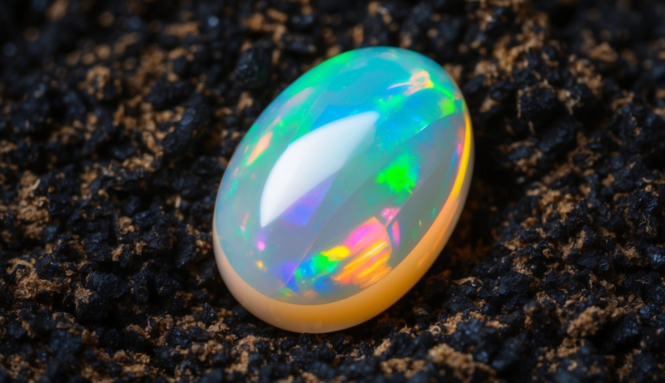 A shimmering opal nestled in a bed of dark, earthy tones, reflecting iridescent hues of blue, green, and pink in the light