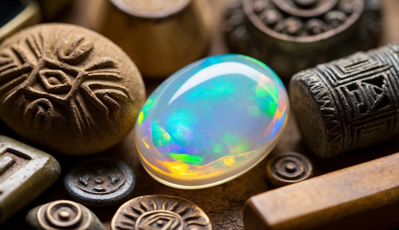 A shimmering opal nestled among ancient artifacts and cultural symbols