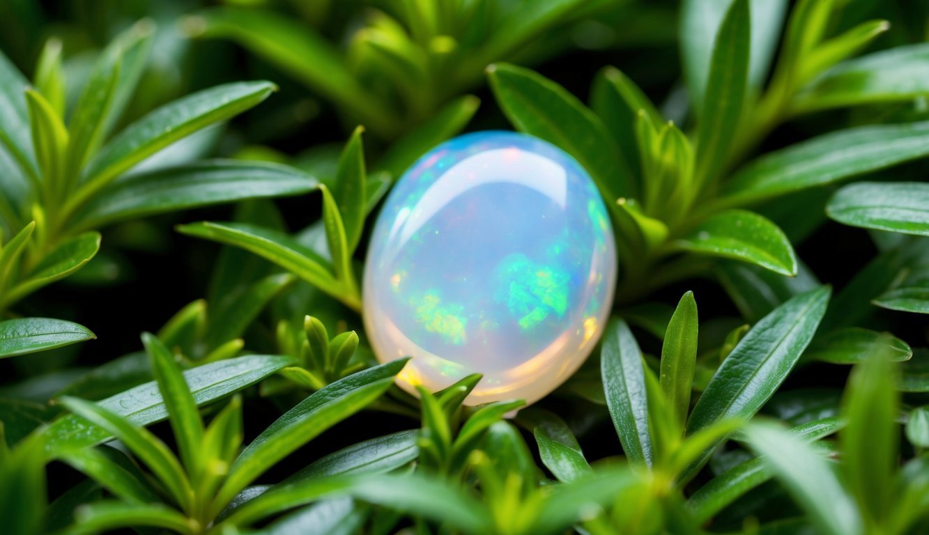 A serene opal nestled among lush greenery, radiating calm and balance