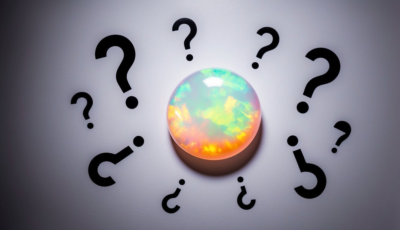 A glowing opal surrounded by question marks, symbolizing curiosity and mystery
