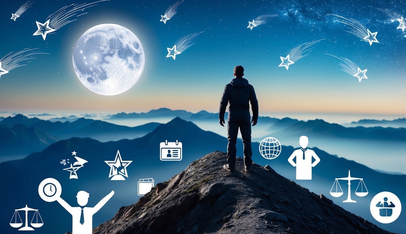 A figure standing at the peak of a mountain, gazing out at a sky filled with shooting stars and a full moon, surrounded by symbols of success and ambition